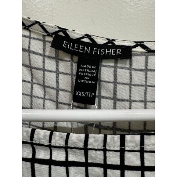 Eileen Fisher Textured Crepe Grid Long Shell  XXS Bateau-Neck Black White - Picture 3 of 6